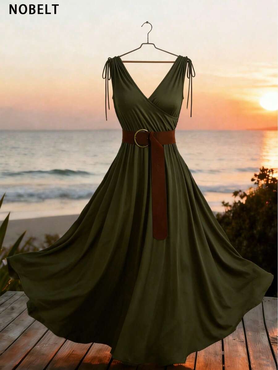 SHEIN Clasi Đầm dệt kim cỡ lớn cổ chữ V màu trơn, kiểu dáng thường ngày, có dây đeo vai và nơ trang trí, vạt xòe rộng, tôn dáng, thích hợp mặc hàng ngày. - xanh quân đội - Xem 1