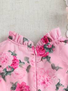 SHEIN Vestido de verano para bebé niña con estampado de rosas, manga corta y volantes, elegante y de moda, con cremallera en la espalda, versátil para uso diario, ir al trabajo, fiestas de cumpleaños, para todas las estaciones - Rosa - Ver 4