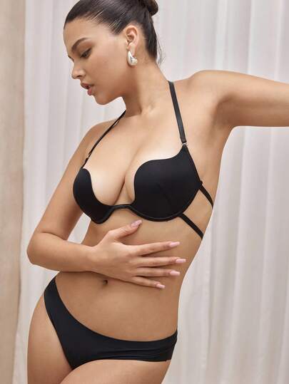 Bralution 1 件女士纯色露背吊带胸罩