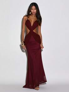 Normani Deep Burgundy Summer 70s Dress For Women,Knitted Patchwork Mesh Club Night Party Gown,Vintage 2000s Y2k 90S Rave Outfits,Elegant Prom Evening Dresses - Burgundy - View 6