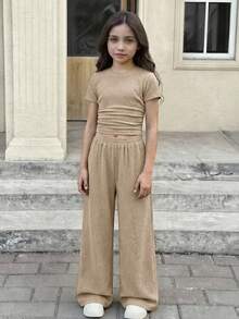 SHEIN 少女纯棕色纹理针织侧褶短袖修身T恤和阔腿裤休闲两件套 - 卡其色 - 查看 10