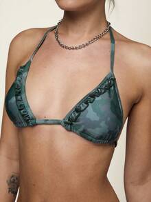 COUREZ Áo bikini tam giác buộc dây cổ họa tiết rằn ri với chi tiết bèo nhún / Trang phục mùa hè Y2K cho nữ, Trang phục mùa xuân cho nữ, Quần áo mùa hè, Trang phục đi nghỉ mát, Trang phục đi biển cho nữ, Bộ đồ đi biển, Áo tắm cho nữ, Bộ bikini cho nữ, Bộ bikini - xanh quân đội - Xem 5