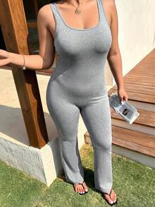 SHEIN EZwear Große Größen Grau Cut Out Weiter Bein Lässig Jumpsuit, Frühling/Sommer, Hohe Dehnbarkeit, Vielseitiger Slim Fit Jumpsuit, Skinny Jumpsuit - Grau - Übersicht 7