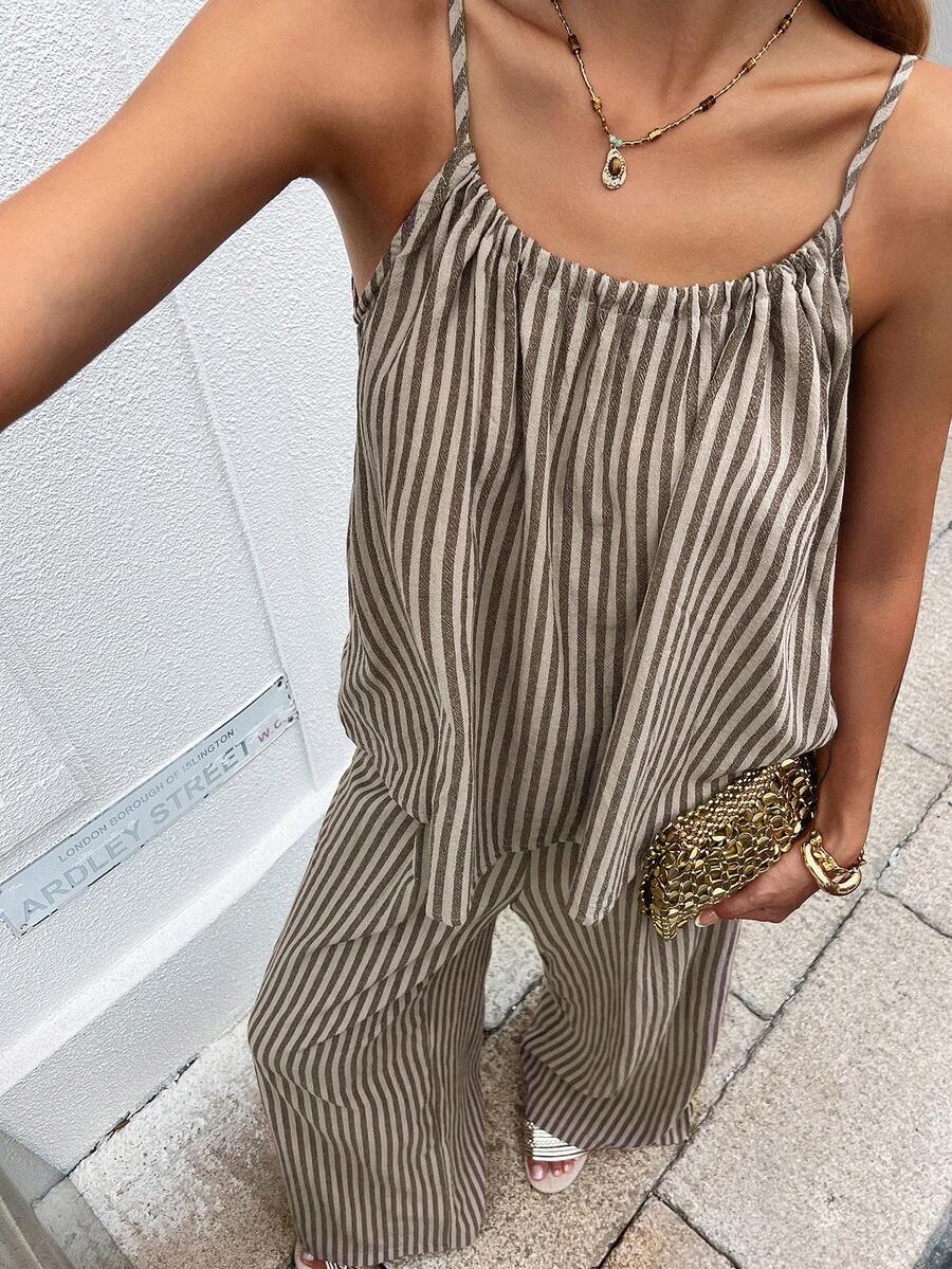 Livesso 女士休闲夏季两件套，宽松条纹吊带背心和阔腿裤 - 卡其色 - 查看 1