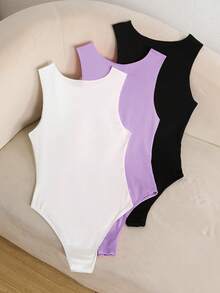 SHEIN Kids 3pcs Tween Girls' Casual Waist Tie Sleeveless Jumpsuit Set Girls Bodysuit Ruched Bodysuit Leotards Sleeveless Bodysuit Bodysuit Summer Solid Color Bodysuit Sleeveless Bodysuits Ruched Bodysuits - Multicolor - View 2