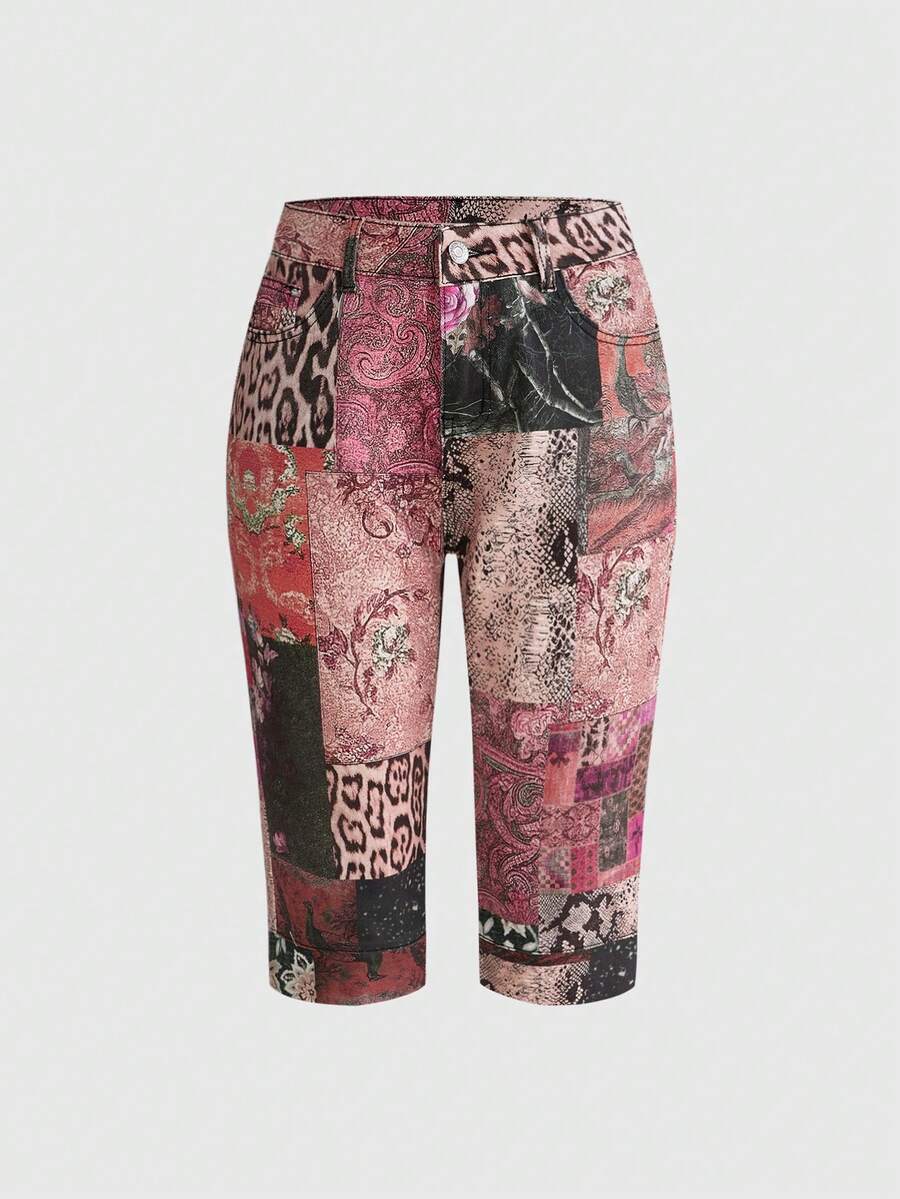 ROMWE Grunge Punk Retro Leopard & Floral Print Y2K Style Fitted Denim Shorts - Baby Pink - View 1