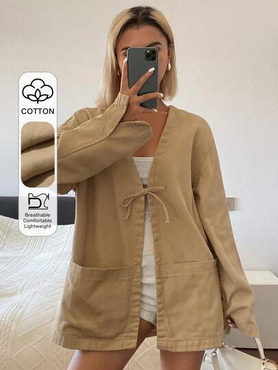 Livesso Brown Lace-Up Loose Denim Jacket For Women, Suitable For Summer Vacation And Autumn