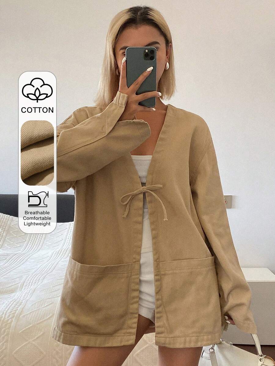 Livesso Brown Lace-Up Loose Denim Jacket For Women, Suitable For Summer Vacation And Autumn - Brown - View 1