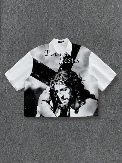 Manfinity ZONE917 Boxy Street 宽松渐变涂鸦十字架荆棘耶稣全印花短袖衬衫