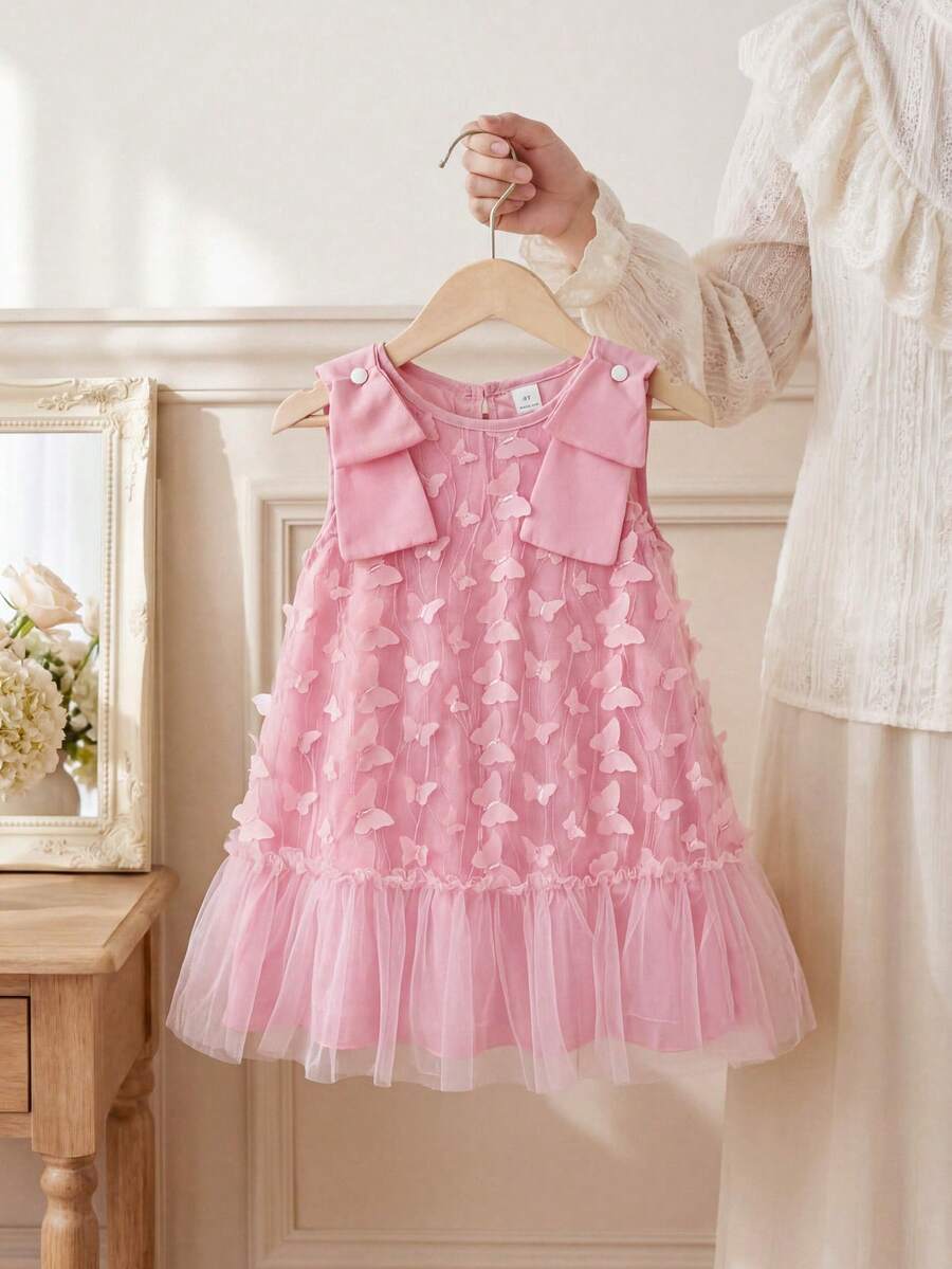 SHEIN 3D蝴蝶结无袖公主裙，适合4-7岁小女孩，蝴蝶网纱面料，适合生日、婚礼、派对、度假、节日、春夏季节等场合。