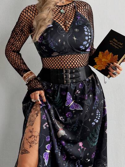 Whyspr Plus Size Women's 2-Piece Set: Vintage Casual College Style Dark Punk Print Camisole, Regular Camisole, Side Slit Skirt, Suitable For Daily Wear, Office, Thanksgiving, Vacation, Back To School Holidays, Birthday Party, Music Festival, Valentine's Day, Spring/Summer