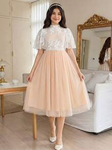 White Summer Elegant Bachelorette Party Wedding Girls' Princess Dress,Fitted Ruffle Hem Birthday Sibling Outfit,Formal Fashionable Retro Party Attire - Apricot - View 1