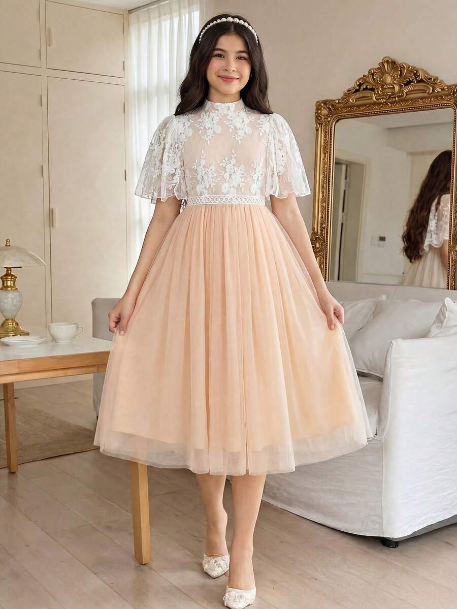 White Summer Elegant Bachelorette Party Wedding Girls' Princess Dress,Fitted Ruffle Hem Birthday Sibling Outfit,Formal Fashionable Retro Party Attire - Apricot - View 1