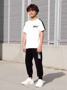 Vacaura 2 pièces/Set T-shirt à imprimé œil d'oiseau noir et pantalon noir pour pré-adolescents, tissu doux et confortable, convient pour le printemps/automne, l'école, les sports extérieurs, la photographie, les sorties, diverses occasions - Noir et Blanc - Voir 1