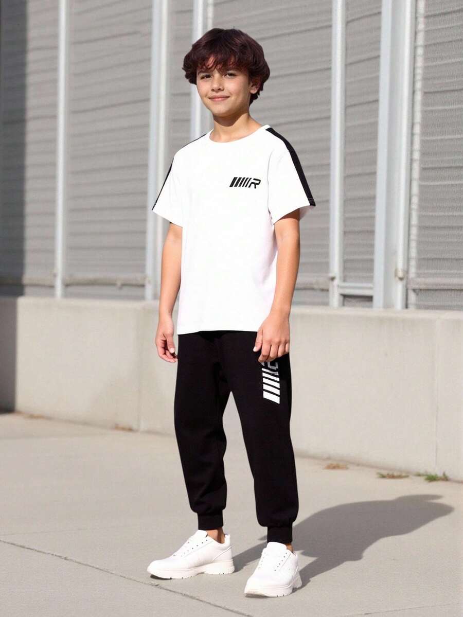 Vacaura 2 pièces/Set T-shirt à imprimé œil d'oiseau noir et pantalon noir pour pré-adolescents, tissu doux et confortable, convient pour le printemps/automne, l'école, les sports extérieurs, la photographie, les sorties, diverses occasions - Noir et Blanc - Voir 1