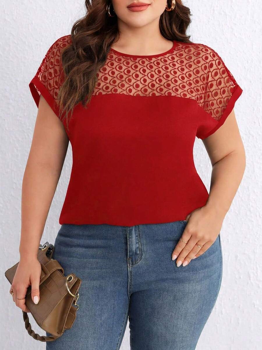 SHEIN Clasi Áo sơ mi lưới phối họa tiết mùa hè cỡ lớn kiểu dáng thường ngày - Đỏ - Xem 1