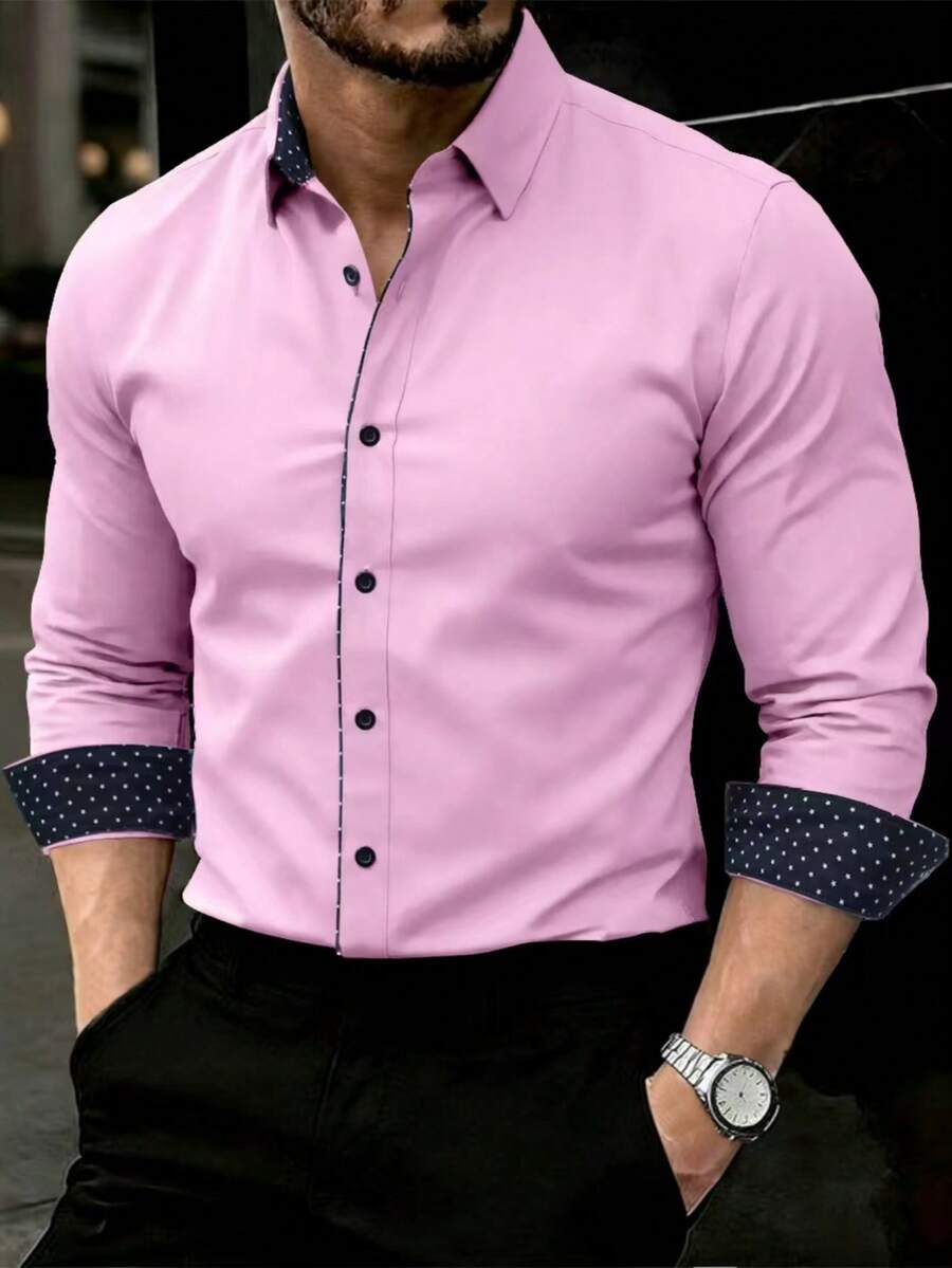 Manfinity Bizformal Men's Polka Dot Pattern Patchwork Long Sleeve Single-Breasted Shirt - Pink - View 1