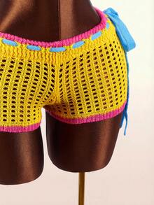Amplova Women's Contrast Color Hollow Out Tie-Up Knit Shorts, Suitable For Beach Vacation - Yellow - View 6