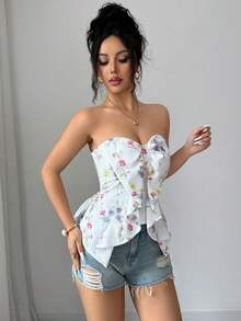 SHEIN Elenzya 女士春夏甜美性感风白色花卉印花抹胸领蝴蝶结装饰荷叶边下摆褶皱后背上衣 - 白色 - 查看 8