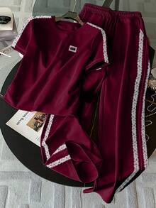 Resyla Conjunto de camiseta de cuello redondo minimalista con adorno de encaje, regalo para amigos - Burdeos - Ver 3