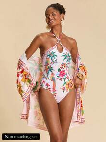 Travachic Costume da bagno intero da donna con stampa di piante, stile vacanza estiva, con scollo a canottiera - Multicolore - Visualizzare 1