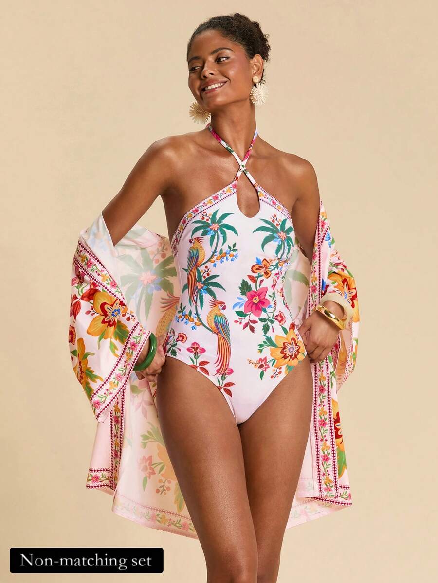 Travachic Costume da bagno intero da donna con stampa di piante, stile vacanza estiva, con scollo a canottiera - Multicolore - Visualizzare 1