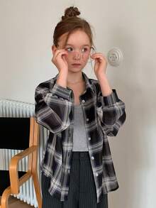 Dazy Kids 少女格子长袖单排扣休闲宽松衬衫 - 黑與白 - 查看 2