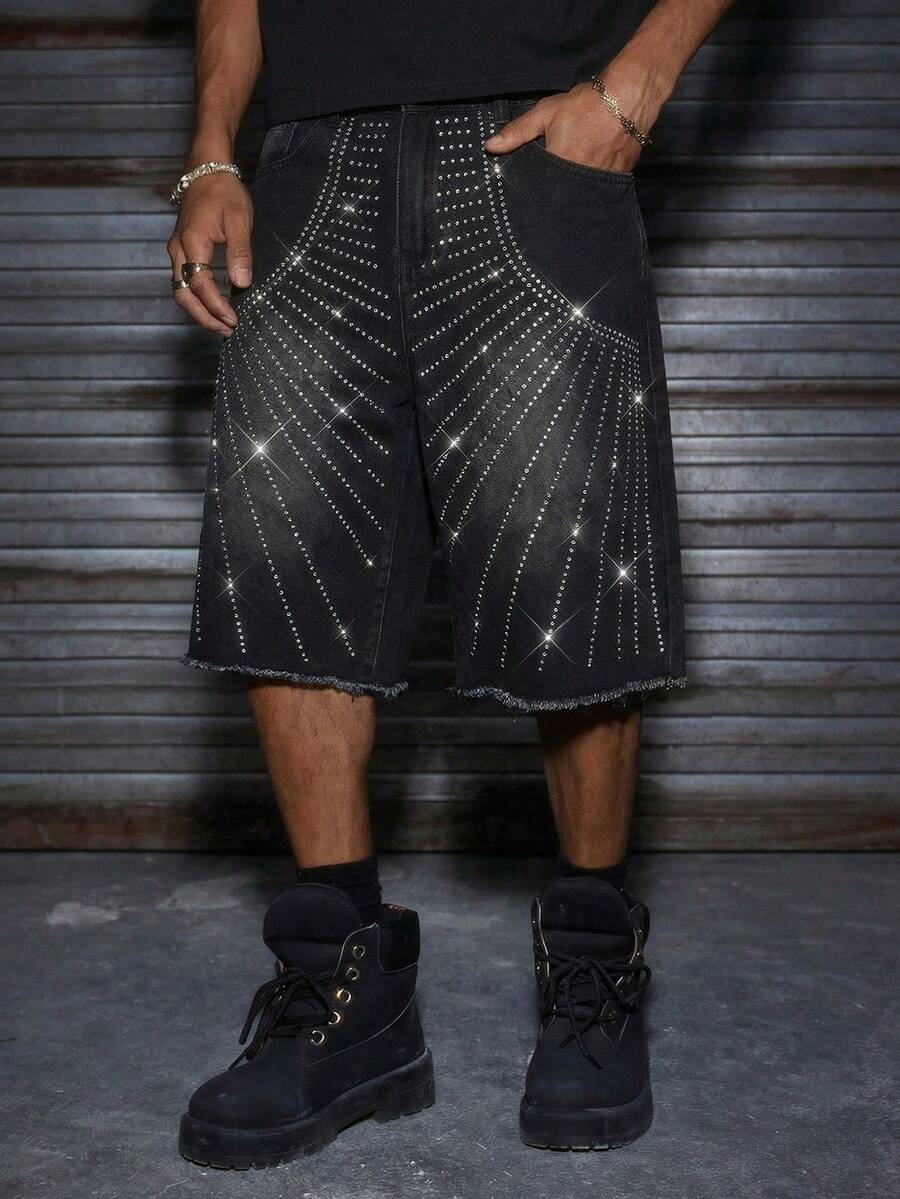 AXEPEAK Men's Black Rhinestone Embellished Loose Fit Bermuda Shorts Rhinestone Jorts Men - Black - View 1