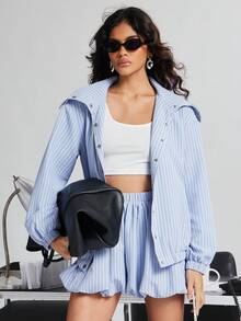 SHEIN Haute Áo khoác sơ mi nữ cổ cao cài khuy phía trước, kẻ sọc - Nhiều màu - Xem 3