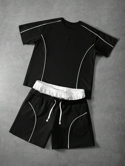 PAVTROS 男士街头风撞色短裤和T恤套装