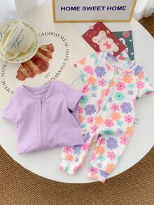 SHEIN 2件套新生女宝宝可爱碎花针织短袖连体衣 - 淡紫色 - 查看 6
