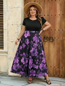 SHEIN CURVE+ Curve 尺码 US22 音乐节、海滨度假、波西米亚风夏季针织弹力修身印花 A 字连衣裙 波西米亚度假 - 紫色 - 查看 4