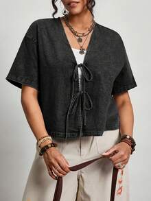 Freevana Plus Size Women Black Summer Boho 1950s Vintage Vacation Washed Front Knot Short Sleeve Shirt Coords Casual Fashionable Daily Commute Pants Top Set - Black - View 2