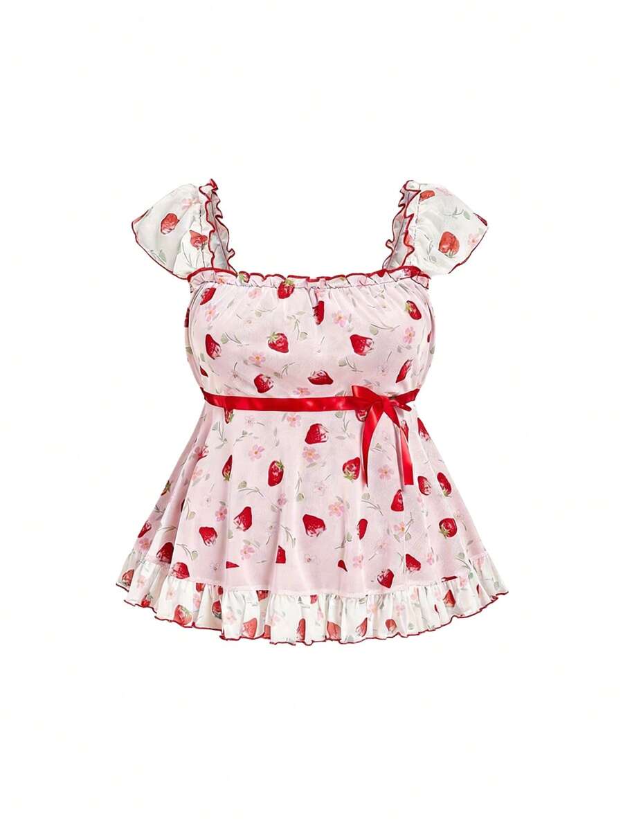 ROMWE Kawaii Spring / Summer Plus Size Women's Cute "Doll Shirt" Strawberry Print, Contrast Lace, Vacation Vibe, Suitable For Spring/Summer Valentine's Day - Pink - View 1
