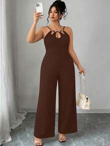 SHEIN Elenzya Bộ áo liền quần nữ cỡ lớn màu trơn, kiểu dáng thường ngày, có dây đeo eo. - màu nâu - Xem 6