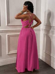 Glyssa Women's Sexy Spaghetti Strap Backless Criss-Cross Front Hollow U-Shaped Buckle Ruched Hem High Slit Dress - Hot Pink - View 2
