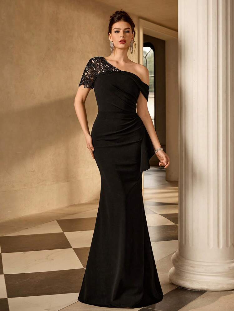 lace one shoulder bodycon dress Coutiva Black Spring Elegant Evening Formal Ruffle Fitted Gown, Backless Pearl Ribbon Mother Of The Bride Cocktail Party this midi dress is
