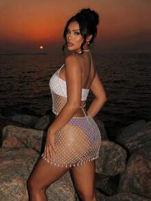 SHEIN Swim Women's Rhinestone Fishnet Sexy Backless With Top With Pear Decor Swimming White Summer - White - View 2