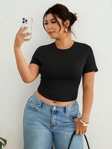 Lounesse 大码女式圆领蕾丝系带露背休闲性感上衣蕾丝黑色露背上衣蕾丝上衣黑色透视露背衬衫女式短袖上衣 - 黑色 - 查看 2
