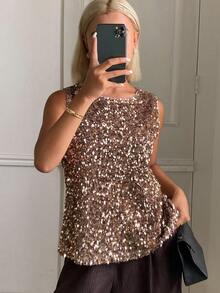 Livesso Sequin Decor Sleeveless Round Neck Blouse For Women - Brown - View 3