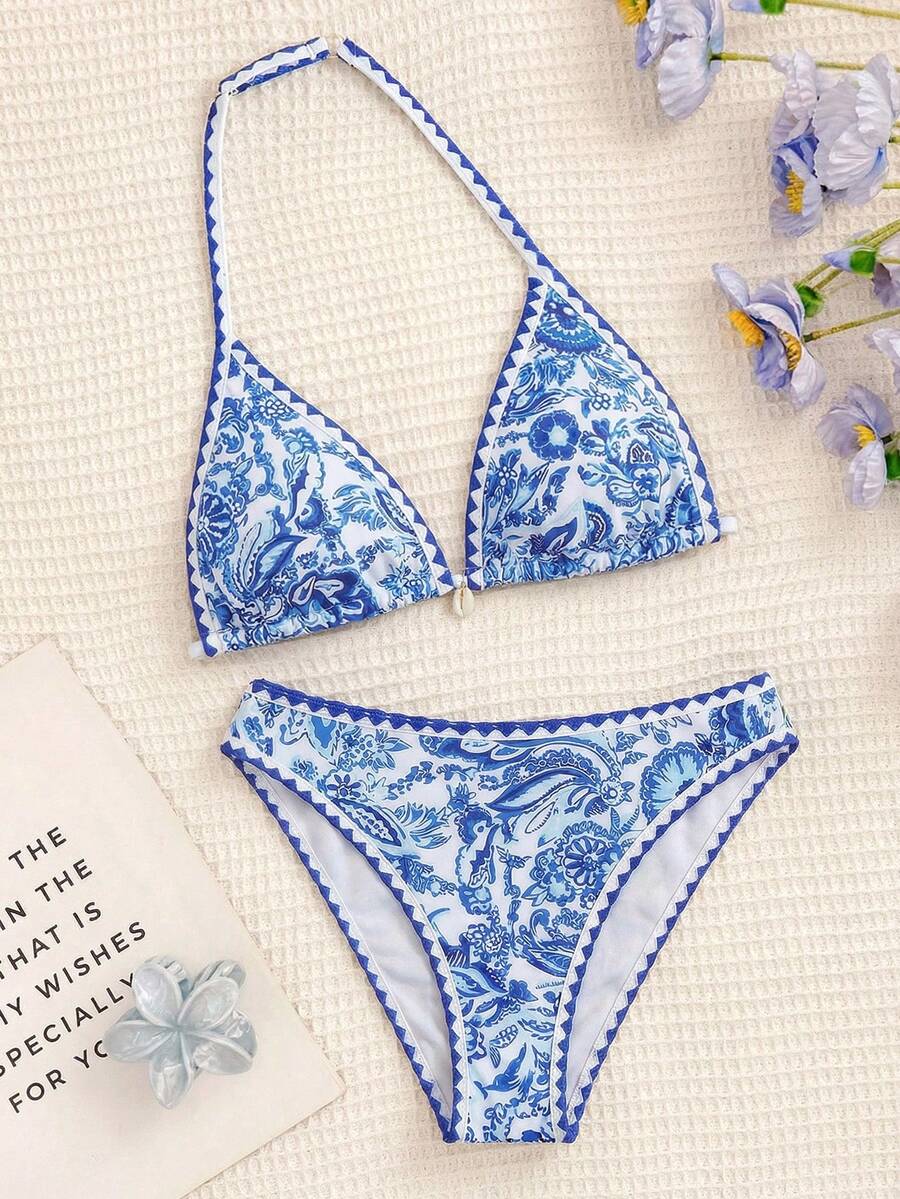 SHEIN Conjunto de bikini de 2 piezas con cuello de halter y ribete a rayas para adolescentes y mujeres, traje de baño de verano para vacaciones, traje de baño modesto de playa azul con estampado floral para adolescentes - Azul - Ver 1