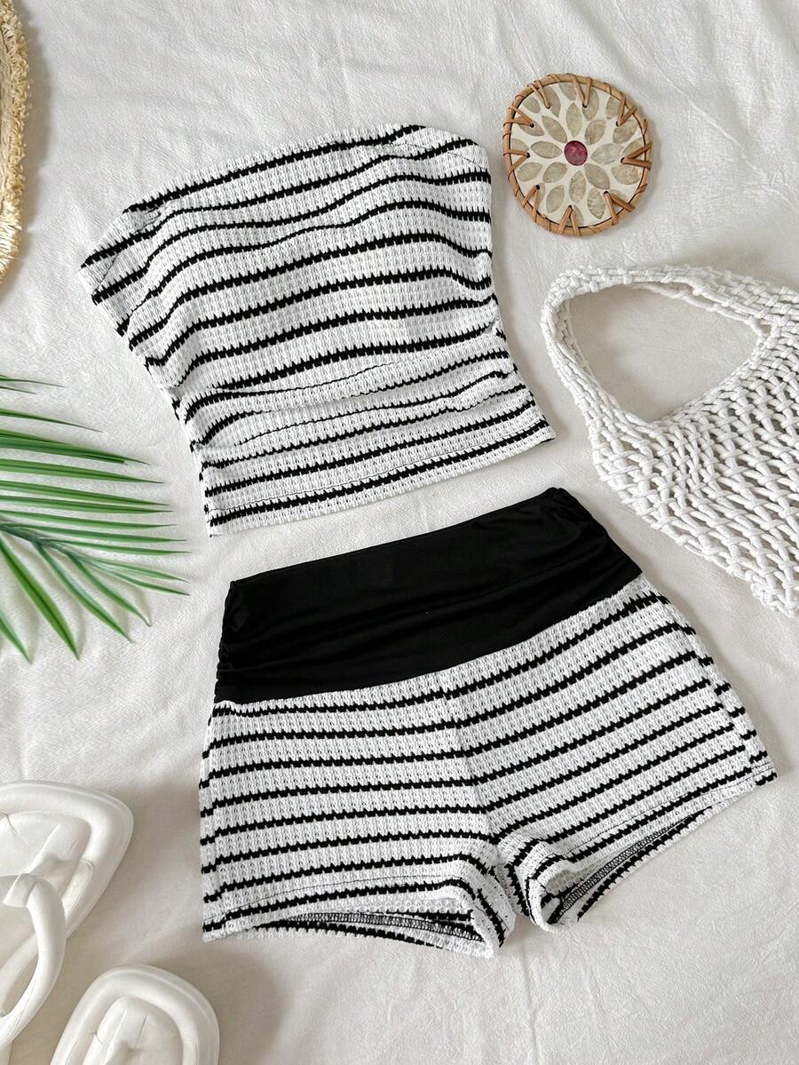 SHEIN Setelan Tank Top dan Celana Pendek Bergaris Kasual untuk Remaja Putri, Nyaman dan Minimalis, Cocok untuk Musim Semi/Panas, Hitam dan Putih - Hitam dan Putih - View 1