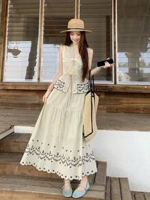 DAZY Women's V-Neck Korean Style Striped 2 Pieces Set - Beige - View 6