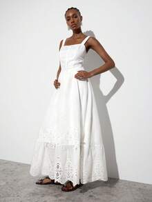 Maija 女士度假休闲纯色镂空刺绣连衣裙 - 白色 - 查看 7