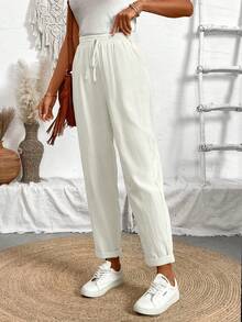 Breezaya Women's Drawstring Waist Simple And Casual Pants With Slanted Pockets - White - View 5