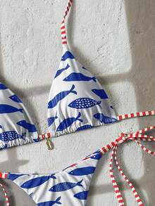 Swim Vcay White And Blue Fish Print Bikini Set,Women's 2 Pieces Swimwear For Summer,Tropical Holiday,Pool Party,Vacation,Holiday Sunbathing Yummy Control Suit - Multicolor - View 7