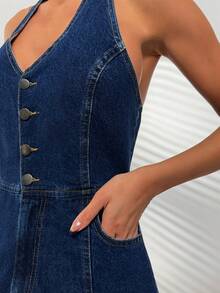 SHEIN Woman V-Neck Button Front Mini Denim Dress - Dark Wash - View 6