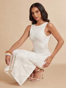 Silquee Vestido de mujer sin mangas de cuello redondo con jacquard de malla, primavera/verano - Blanco marfil - Ver 5