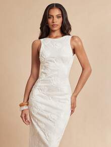Silquee Vestido de mujer sin mangas de cuello redondo con jacquard de malla, primavera/verano - Blanco marfil - Ver 6
