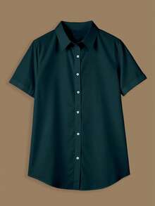 INAWLY 女式休闲纯色短袖百搭衬衫 - 藏蓝色 - 查看 3